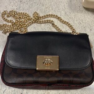 Coach Black and Brown Crossbody Bag with Gold Chain